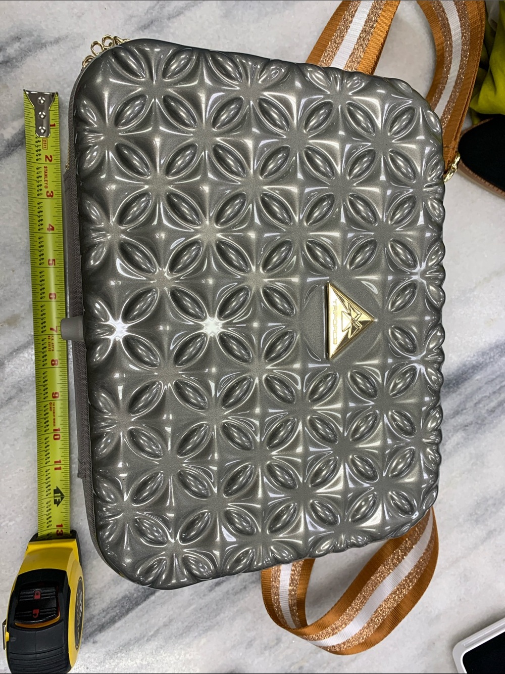 Metallic Gray Embossed Crossbody Travel hard side Bag with Gold Triangle Accent